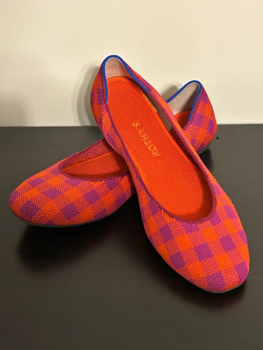 ROTHY'S Sz 9.5 Purple Orange Pomegranate Plaid Square Toe Ballet Flats Shoes